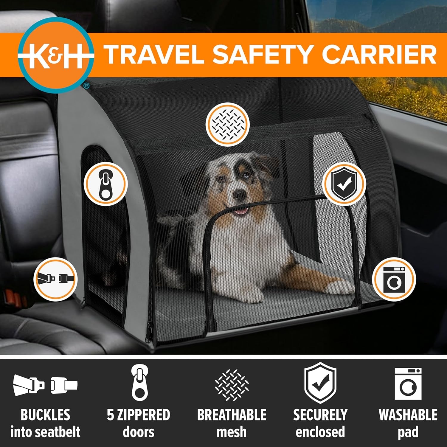 Pet Products Travel Safety Carrier for Pets, Dog Crate for Car Travel, Dog Soft-Sided Carrier for Large Dogs, Portable Car Seat Kennel, Gray/Black Large 29.5 X 22 X 25.5 Inches