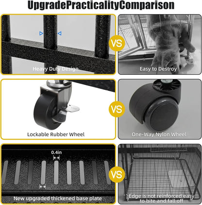 Escape-Proof Heavy Duty 48" Dog Crate, Indestructible Steel Kennel for Large & High-Anxiety Dogs with 300Lbs Capacity, Double Door Design with 4 Locking Wheels and Reinforced Baseplate.