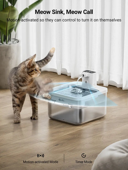 2.5L Automatic Stainless Steel Cat Water Fountain 4000Mah Wireless Pet Drinker Battery & Sensor 2 in 1 Dispenser