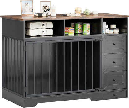 Dog Crate Furniture, Farmhouse Heavy Duty Dog Kennel with Bowl & Storage Drawers, Medium Dog Cage End Table for Small Medium Dogs, Black
